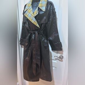 ASOS brown polyurethane plaid print collar belted trench coat size 10